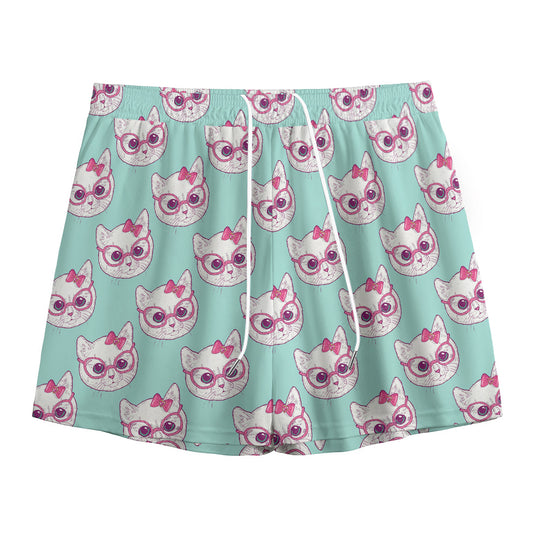 Girly Cat With Glasses Pattern Print Mesh Shorts