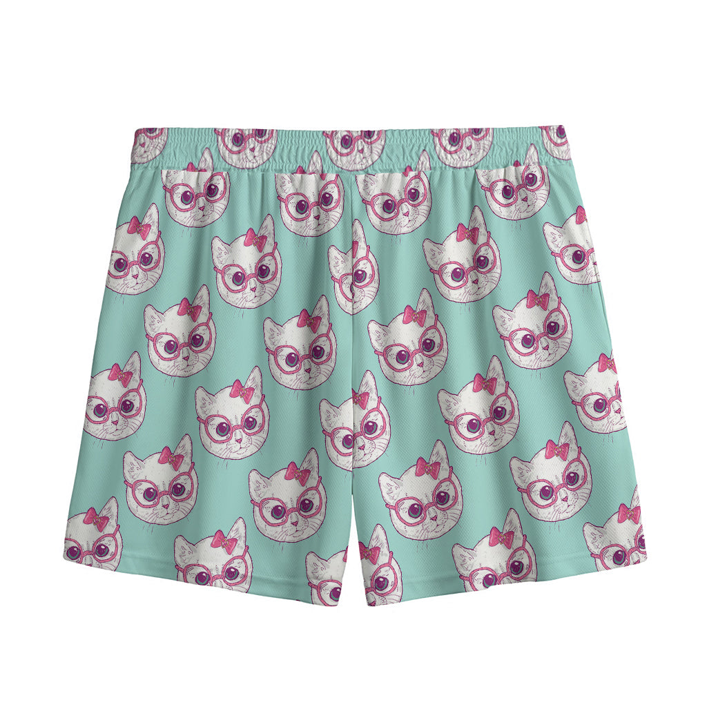 Girly Cat With Glasses Pattern Print Mesh Shorts