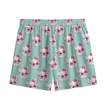 Girly Cat With Glasses Pattern Print Mesh Shorts