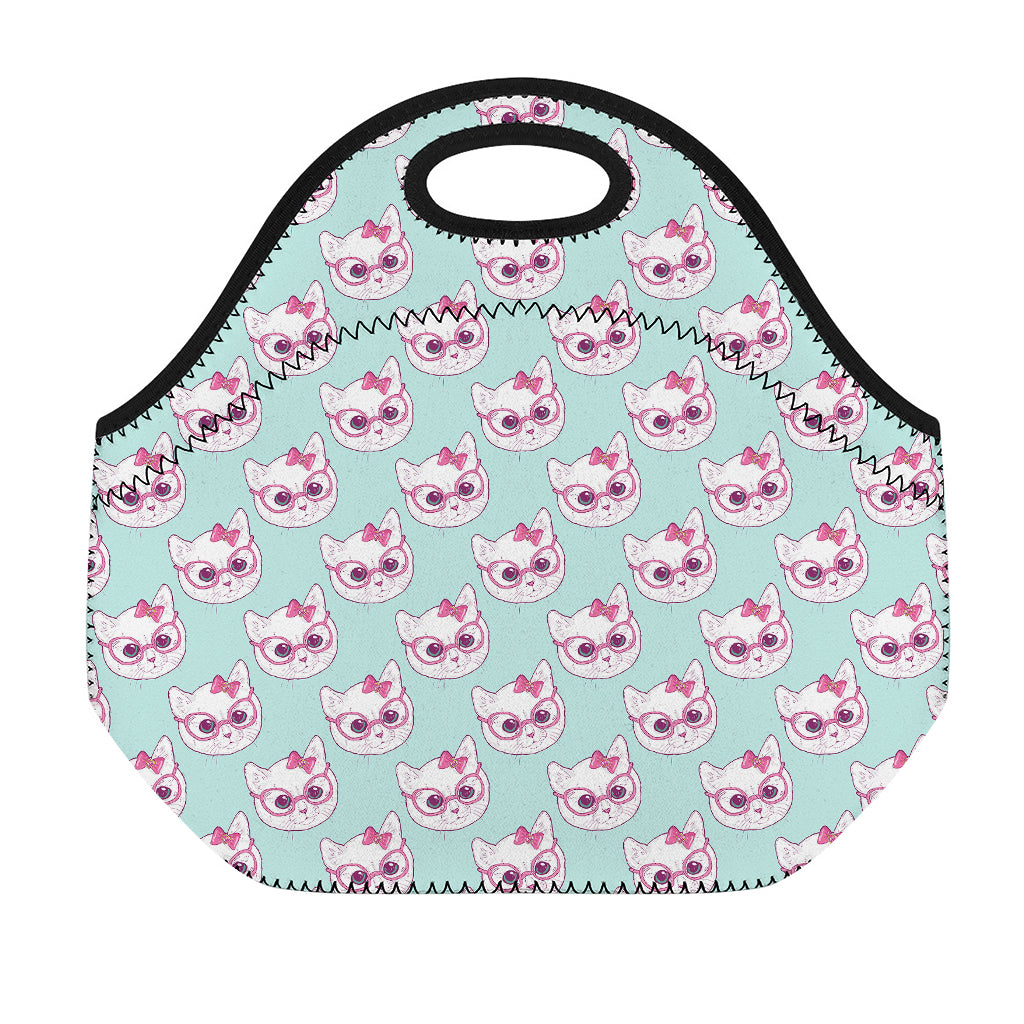 Girly Cat With Glasses Pattern Print Neoprene Lunch Bag