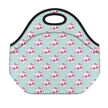 Girly Cat With Glasses Pattern Print Neoprene Lunch Bag
