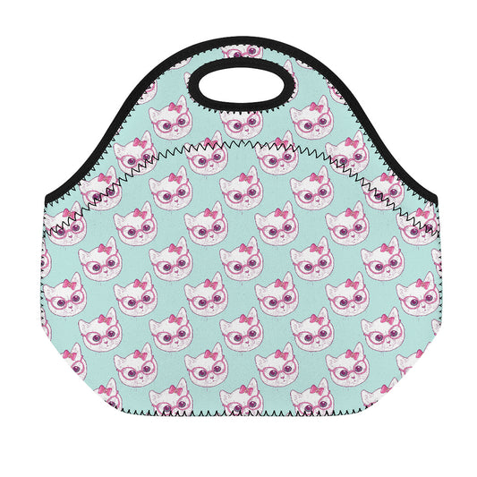 Girly Cat With Glasses Pattern Print Neoprene Lunch Bag
