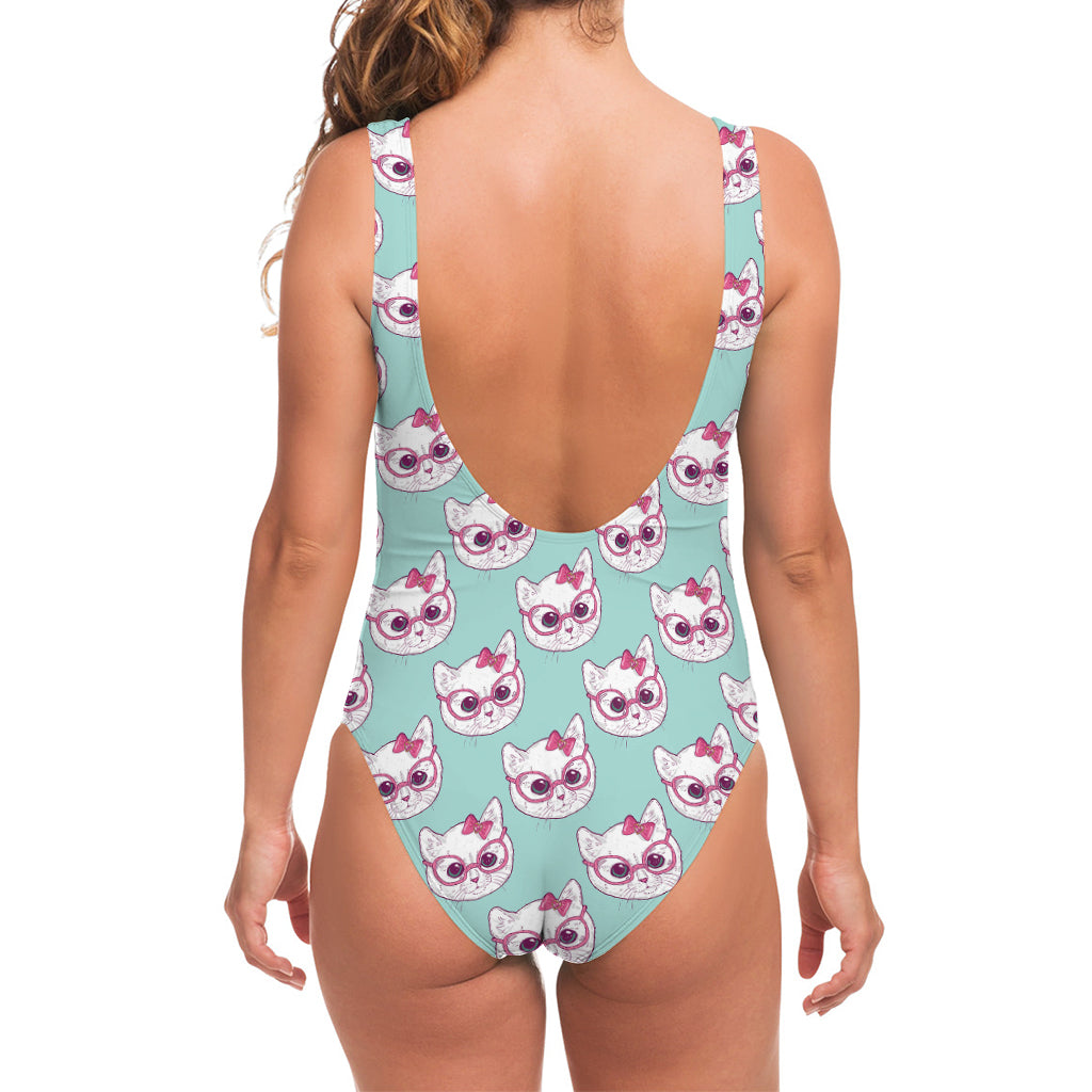 Girly Cat With Glasses Pattern Print One Piece Swimsuit