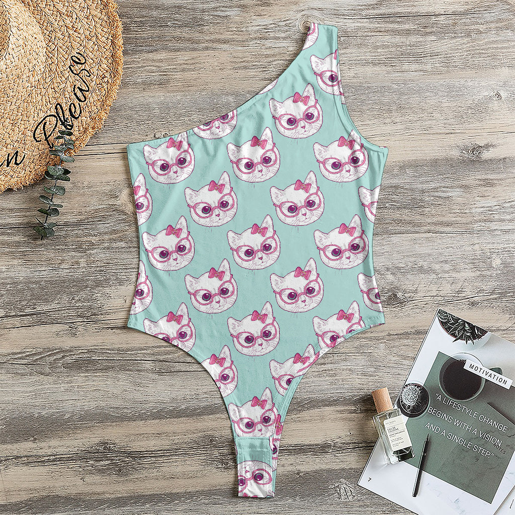 Girly Cat With Glasses Pattern Print One Shoulder Bodysuit