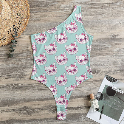 Girly Cat With Glasses Pattern Print One Shoulder Bodysuit