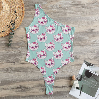 Girly Cat With Glasses Pattern Print One Shoulder Bodysuit