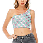 Girly Cat With Glasses Pattern Print One Shoulder Crop Top