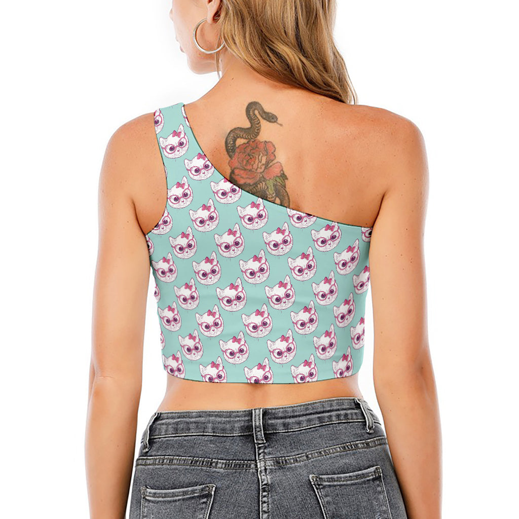 Girly Cat With Glasses Pattern Print One Shoulder Crop Top