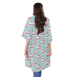 Girly Cat With Glasses Pattern Print Open Front Beach Cover Up