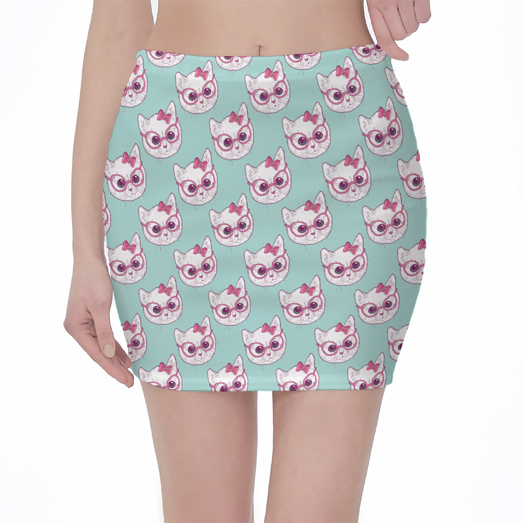 Girly Cat With Glasses Pattern Print Pencil Mini Skirt