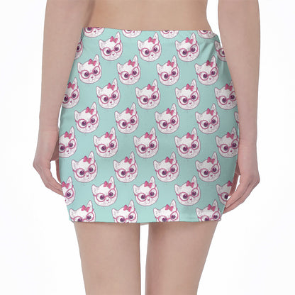 Girly Cat With Glasses Pattern Print Pencil Mini Skirt