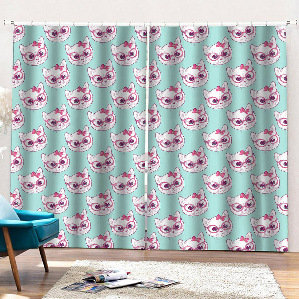 Girly Cat With Glasses Pattern Print Pencil Pleat Curtains