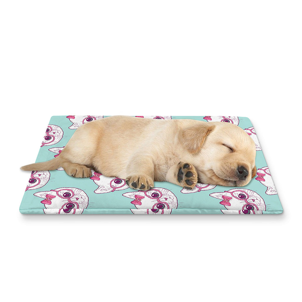 Girly Cat With Glasses Pattern Print Pet Cooling Mat Cover