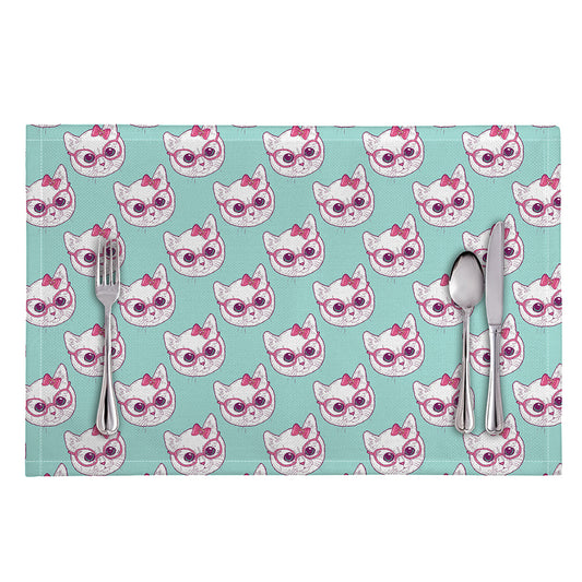 Girly Cat With Glasses Pattern Print Placemat