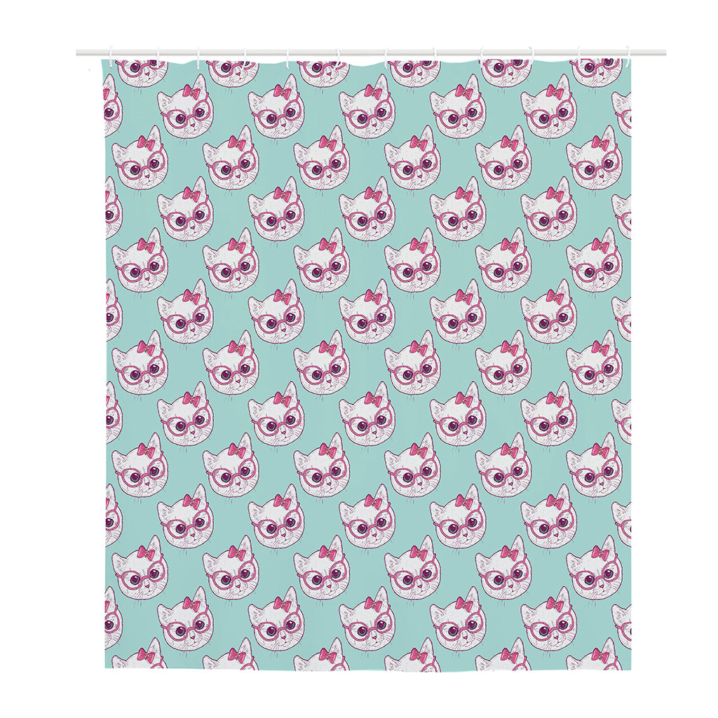Girly Cat With Glasses Pattern Print Polyester Shower Curtain