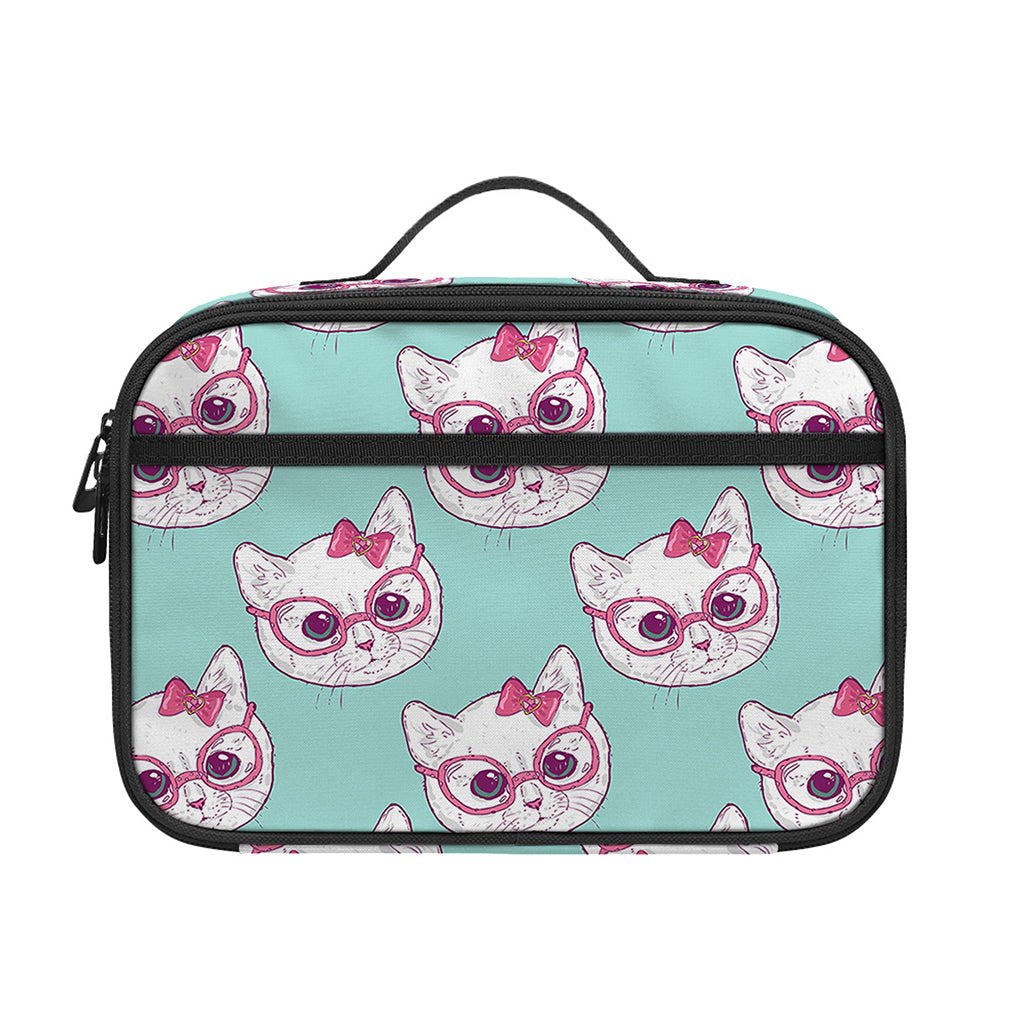 Girly Cat With Glasses Pattern Print Portable Lunch Bag