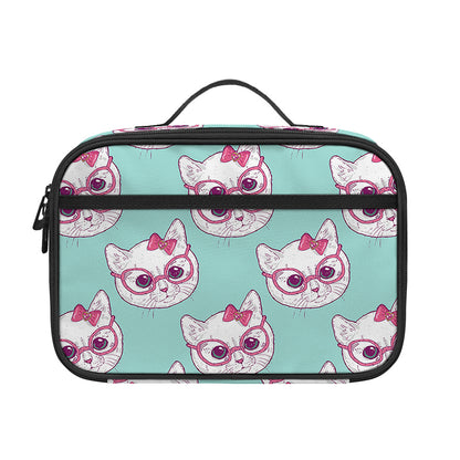 Girly Cat With Glasses Pattern Print Portable Lunch Bag