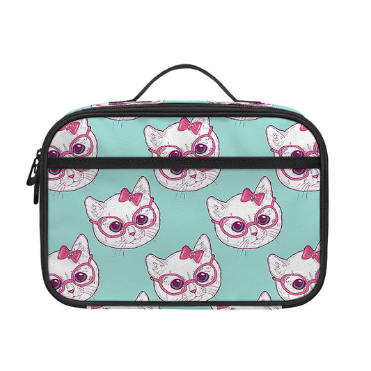 Girly Cat With Glasses Pattern Print Portable Lunch Bag