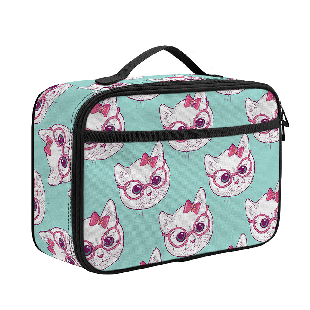 Girly Cat With Glasses Pattern Print Portable Lunch Bag