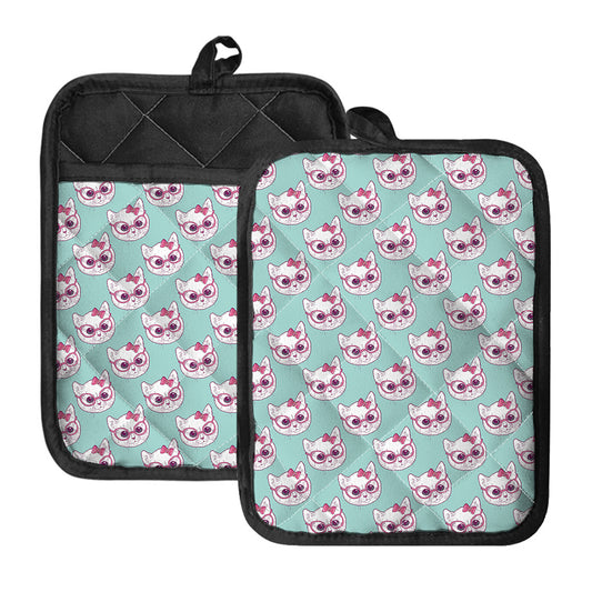 Girly Cat With Glasses Pattern Print Pot Holders With Pocket