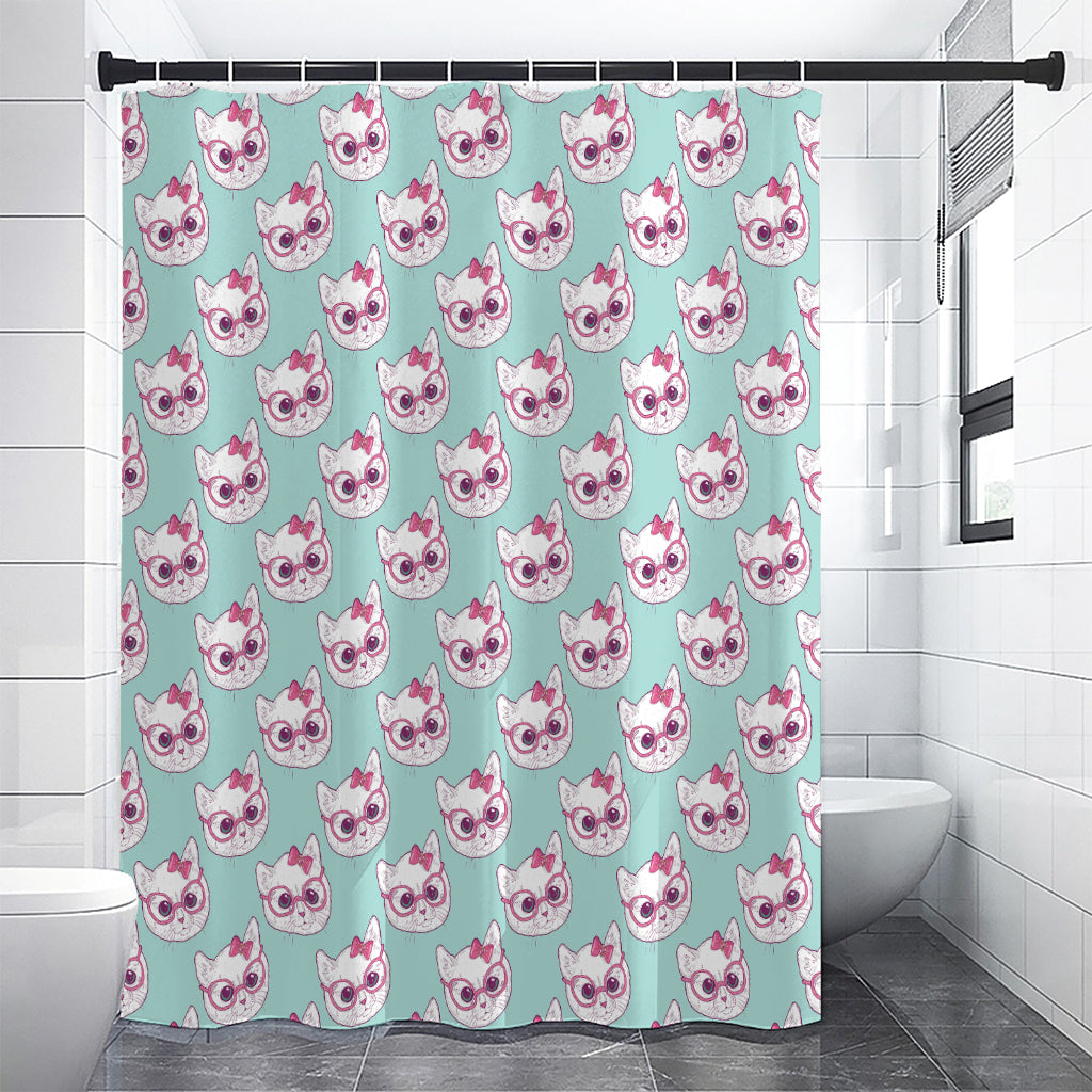 Girly Cat With Glasses Pattern Print Premium Shower Curtain