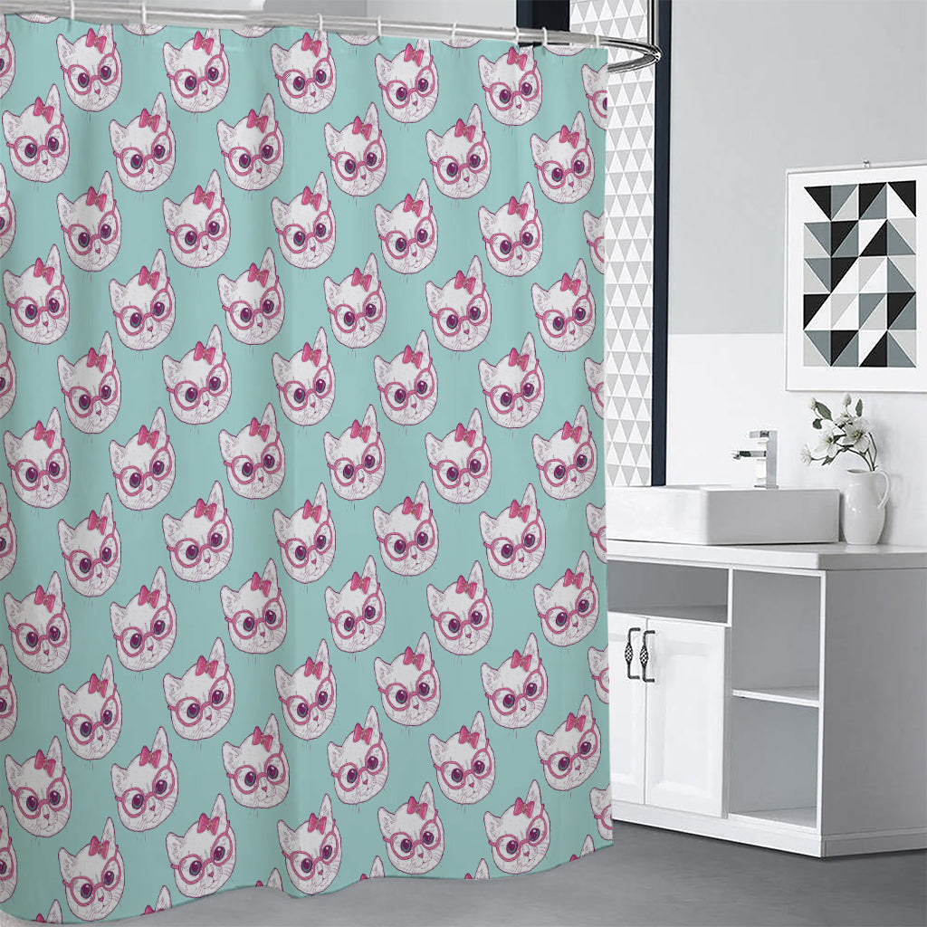 Girly Cat With Glasses Pattern Print Premium Shower Curtain