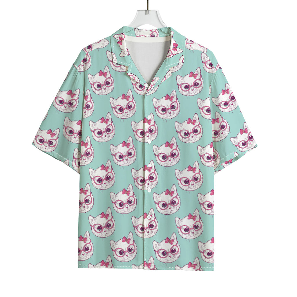 Girly Cat With Glasses Pattern Print Rayon Hawaiian Shirt