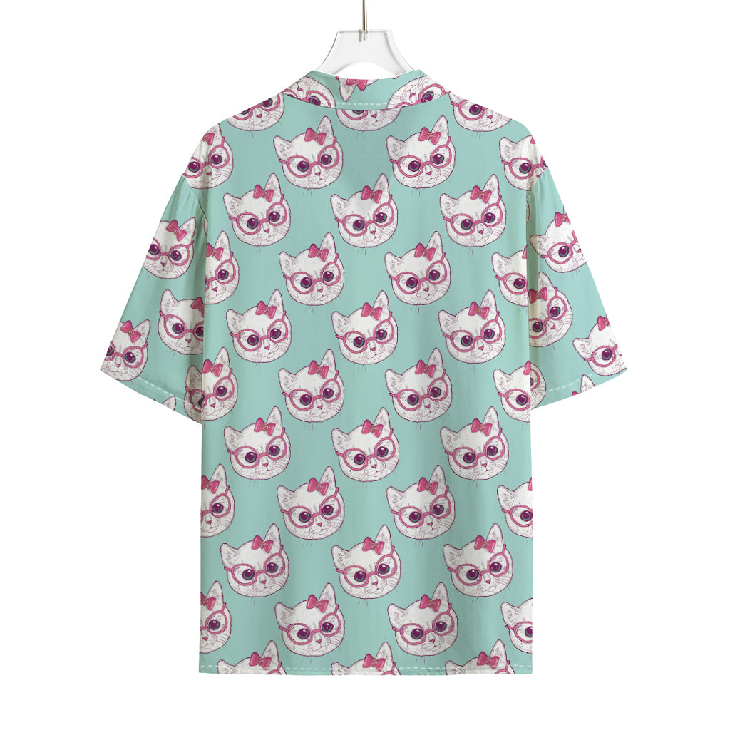 Girly Cat With Glasses Pattern Print Rayon Hawaiian Shirt