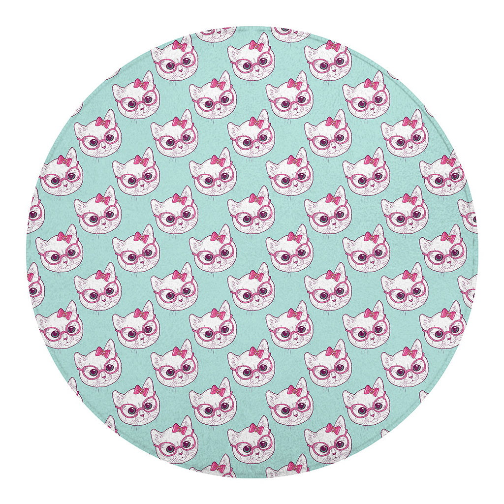 Girly Cat With Glasses Pattern Print Round Blanket