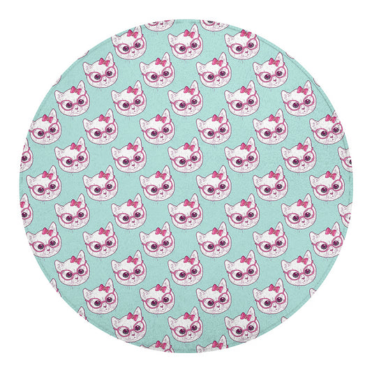 Girly Cat With Glasses Pattern Print Round Blanket
