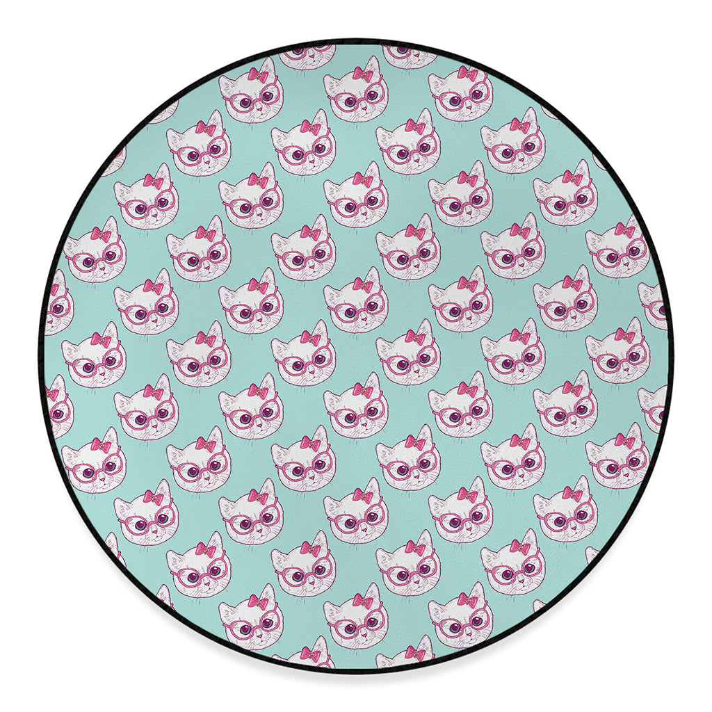 Girly Cat With Glasses Pattern Print Round Floor Mat
