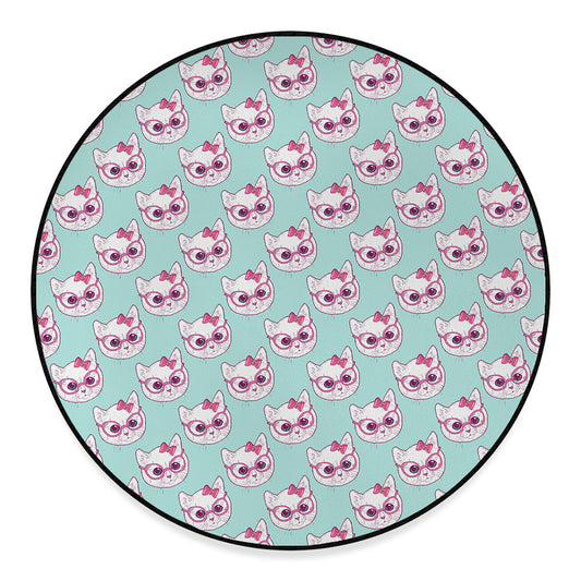 Girly Cat With Glasses Pattern Print Round Floor Mat