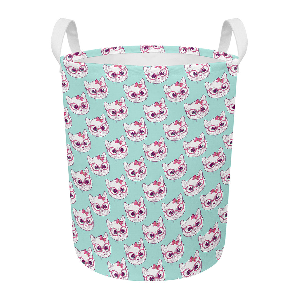 Girly Cat With Glasses Pattern Print Round Laundry Basket