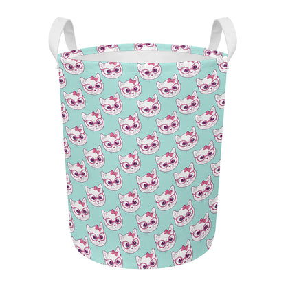 Girly Cat With Glasses Pattern Print Round Laundry Basket
