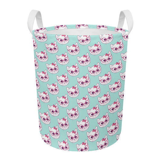 Girly Cat With Glasses Pattern Print Round Laundry Basket