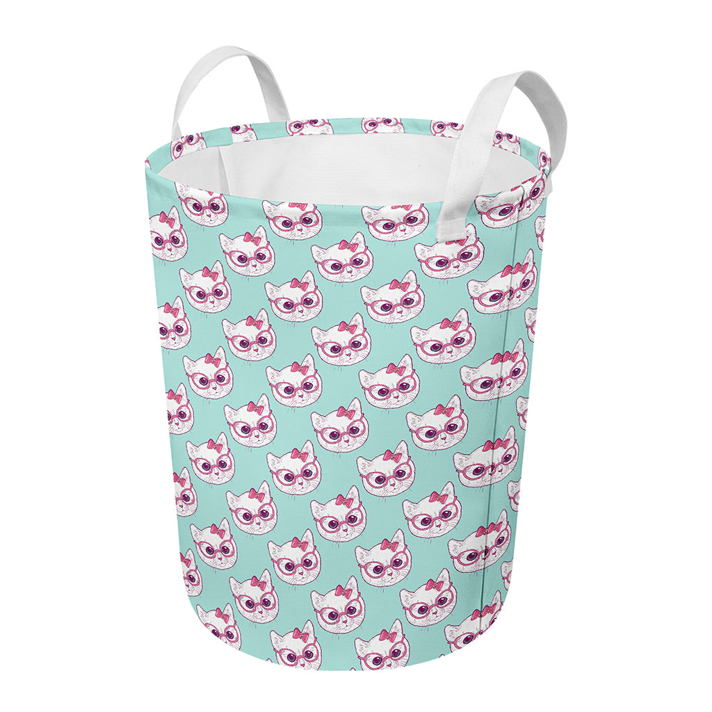 Girly Cat With Glasses Pattern Print Round Laundry Basket