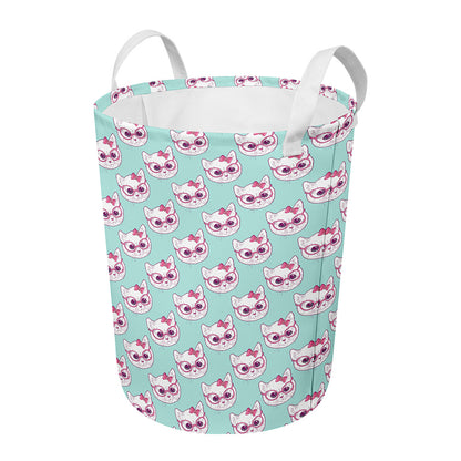 Girly Cat With Glasses Pattern Print Round Laundry Basket