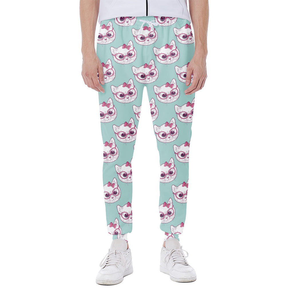 Girly Cat With Glasses Pattern Print Scuba Joggers