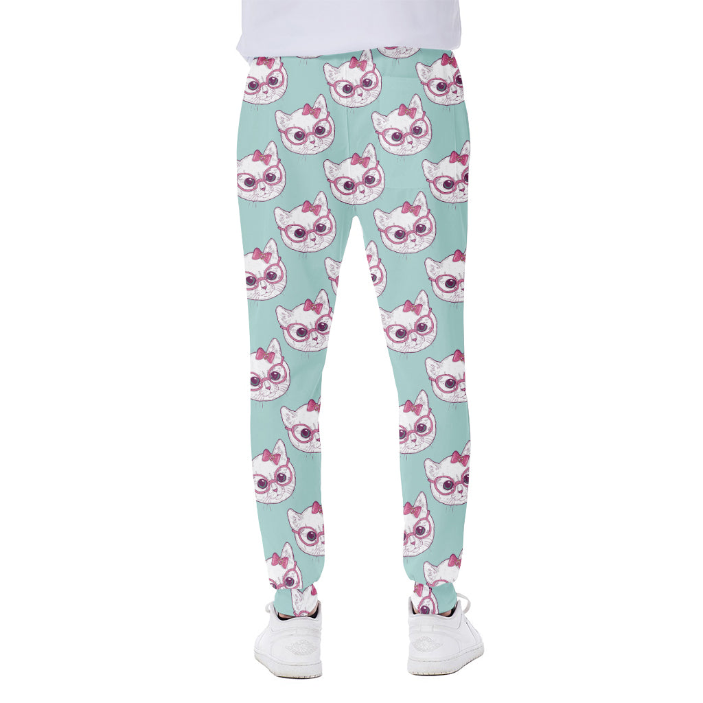 Girly Cat With Glasses Pattern Print Scuba Joggers