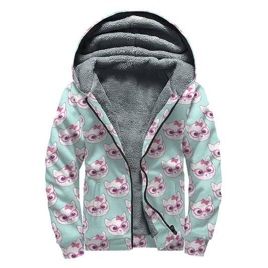 Girly Cat With Glasses Pattern Print Sherpa Lined Zip Up Hoodie