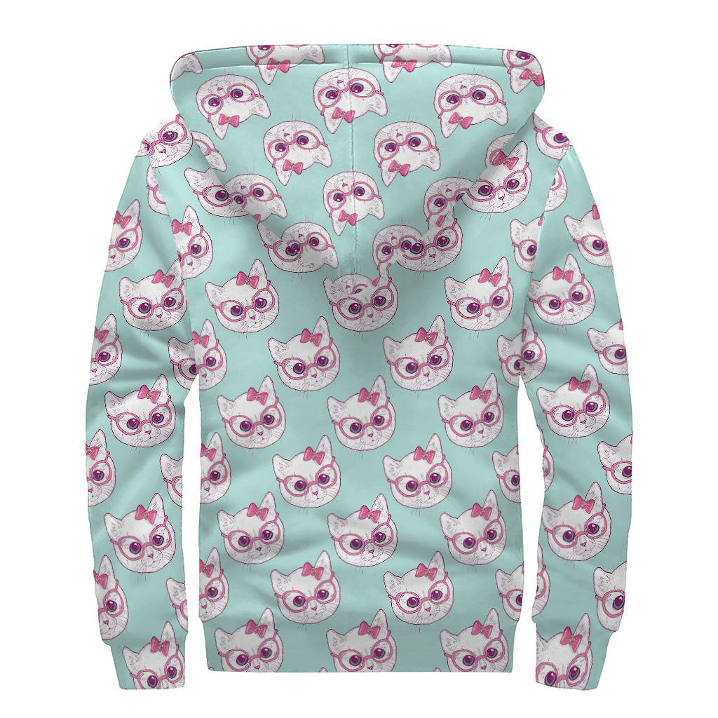 Girly Cat With Glasses Pattern Print Sherpa Lined Zip Up Hoodie