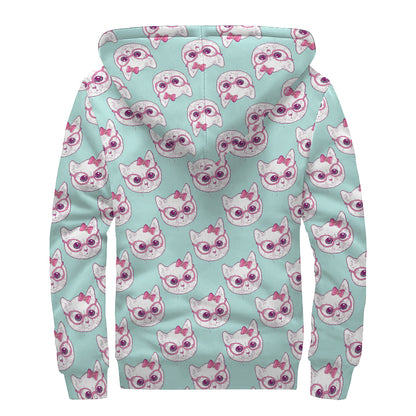 Girly Cat With Glasses Pattern Print Sherpa Lined Zip Up Hoodie