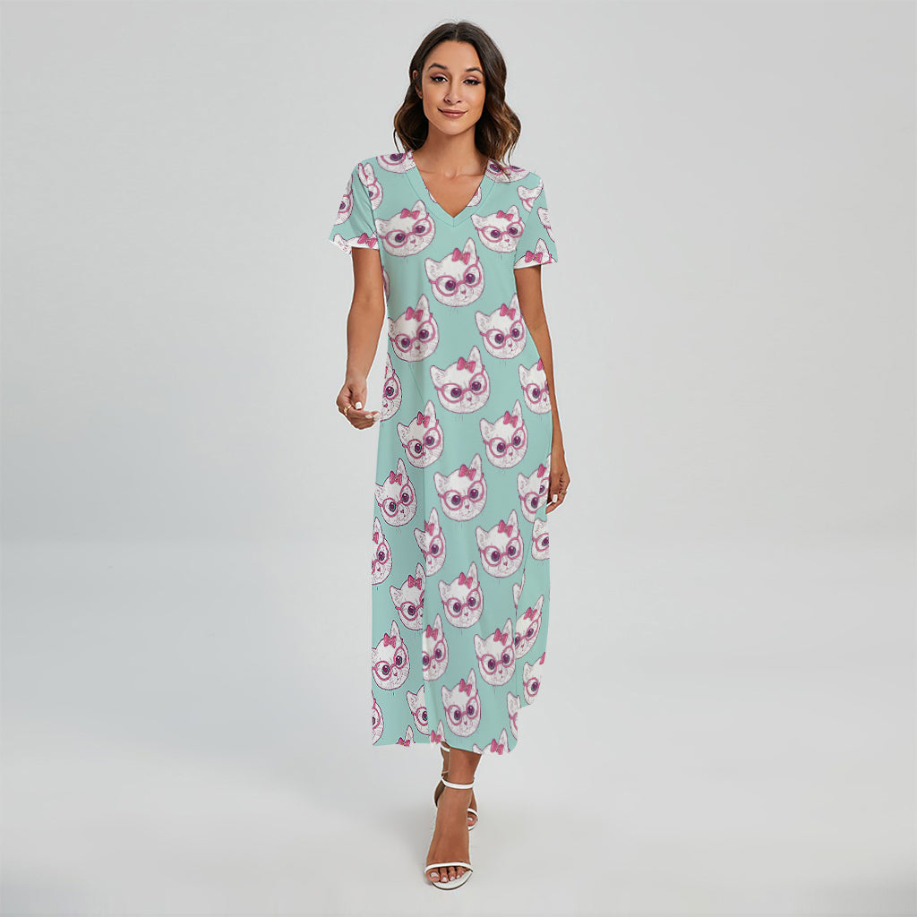 Girly Cat With Glasses Pattern Print Short Sleeve Maxi Dress