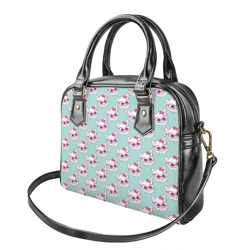 Girly Cat With Glasses Pattern Print Shoulder Handbag