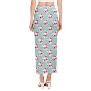 Girly Cat With Glasses Pattern Print Side Slit Maxi Skirt