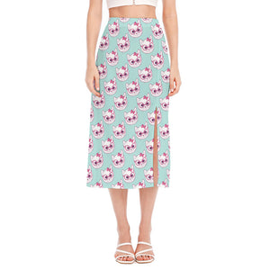 Girly Cat With Glasses Pattern Print Side Slit Midi Skirt