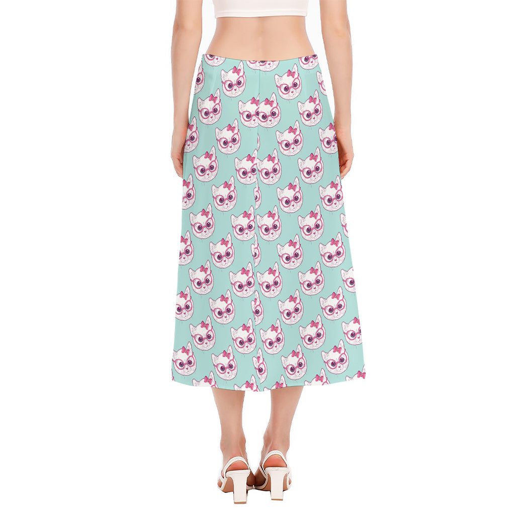 Girly Cat With Glasses Pattern Print Side Slit Midi Skirt