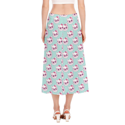Girly Cat With Glasses Pattern Print Side Slit Midi Skirt