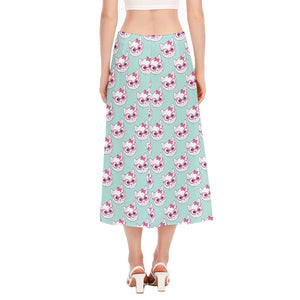 Girly Cat With Glasses Pattern Print Side Slit Midi Skirt