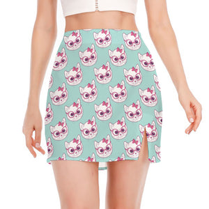 Girly Cat With Glasses Pattern Print Side Slit Mini Skirt